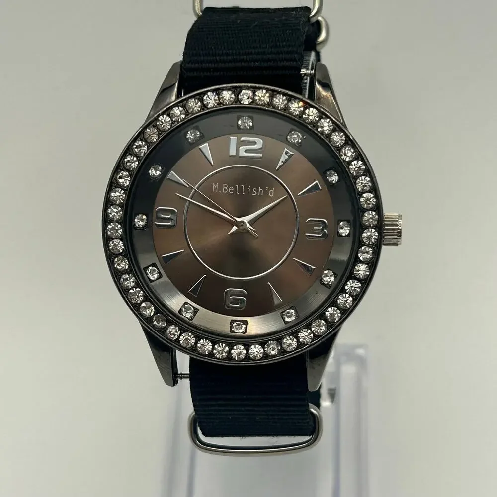 M. Bellish'd Crystal Bezel Black Fabric Strap Casual Analog Watch New Battery
